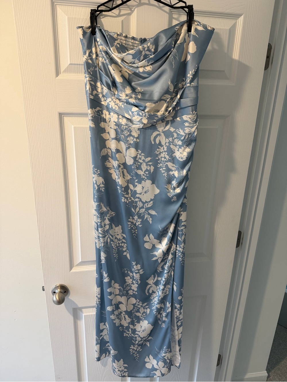 Reformation Sky Blue and White Strapless Floral Cowl Maxi Dress